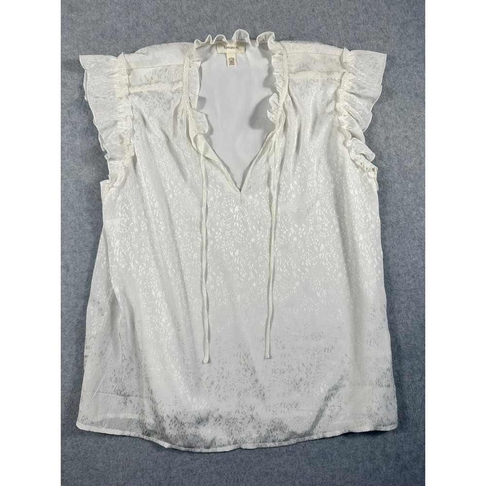 Tamara H Womens XL White Jacquard Ruffle V-Neck Tie Front Sleeveless Blouse